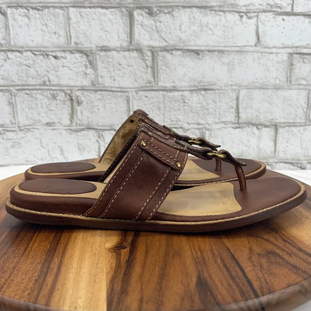 Frye Brown Leather Thong Sandals with Gold Hardware
